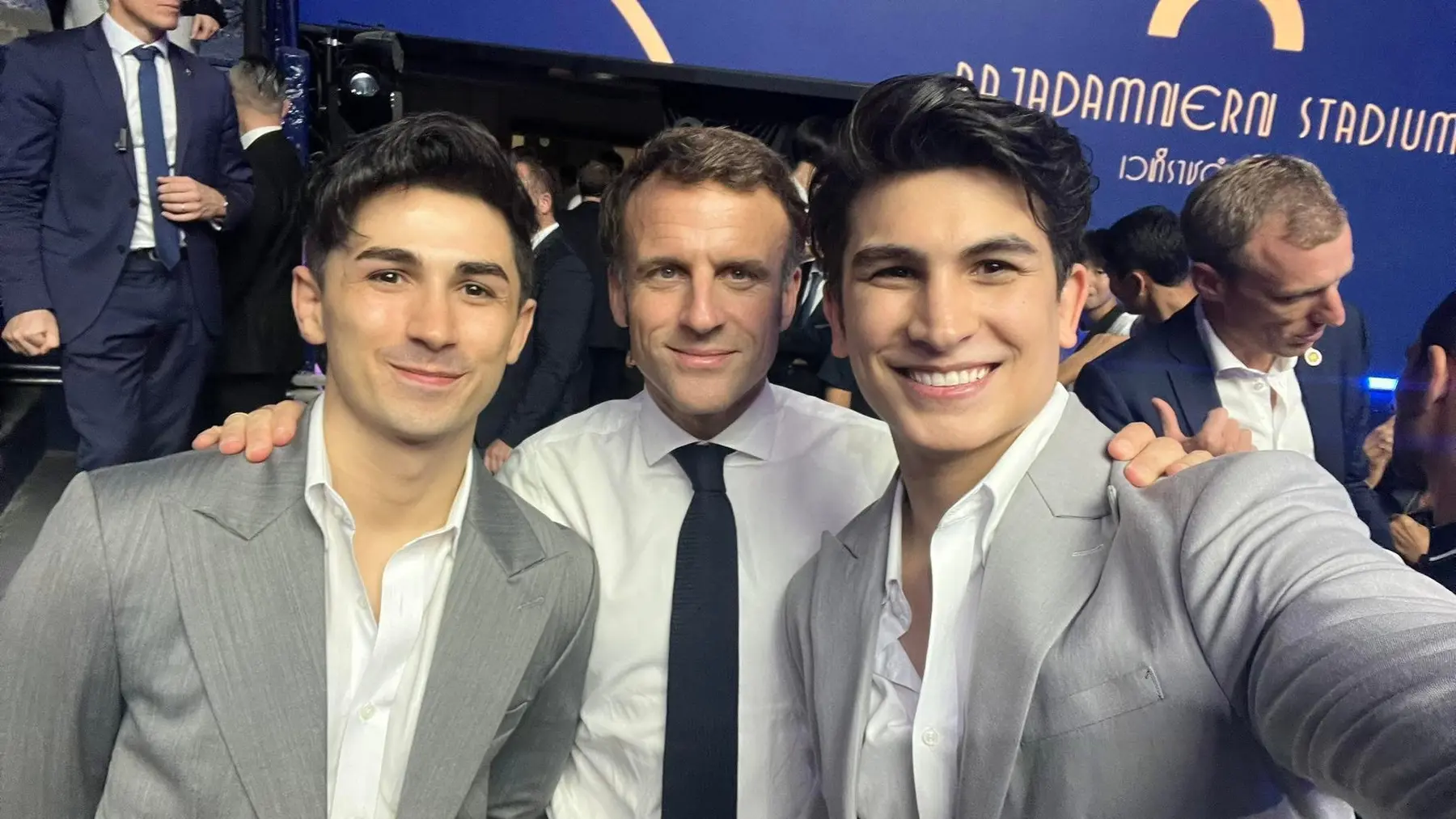 Antoine and Leo Pinto with French President Emmanuel Macron at Rajadamnern Stadium