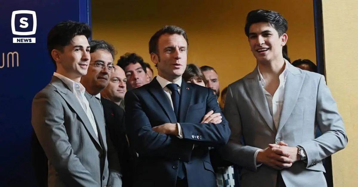 The Pinto brothers speaking with President Emmanuel Macron